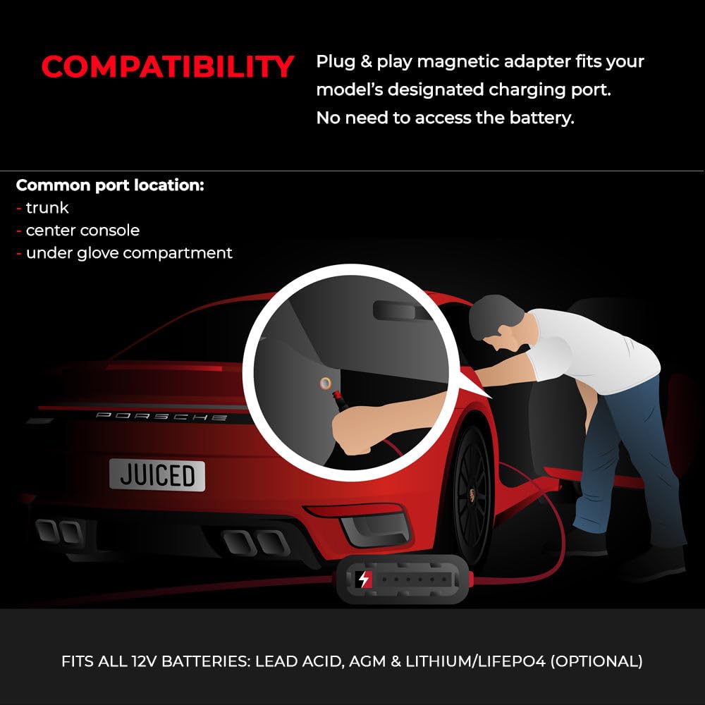 Juice My Ride JMR Battery Charger for Porsche 911, Panamera, Cayenne, Macan, Cayman, 718, Boxster - 12V Cig Port, No Lithium Mode