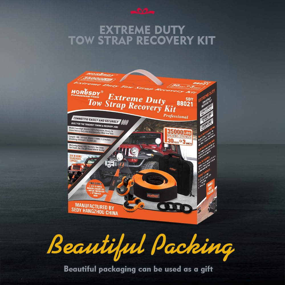 HORUSDY 3" x 30Ft Nylon Heavy Duty Tow Strap Recovery Kit - 35,000 LBS Break Strength with Hooks & D Ring Shackles, Model 88021