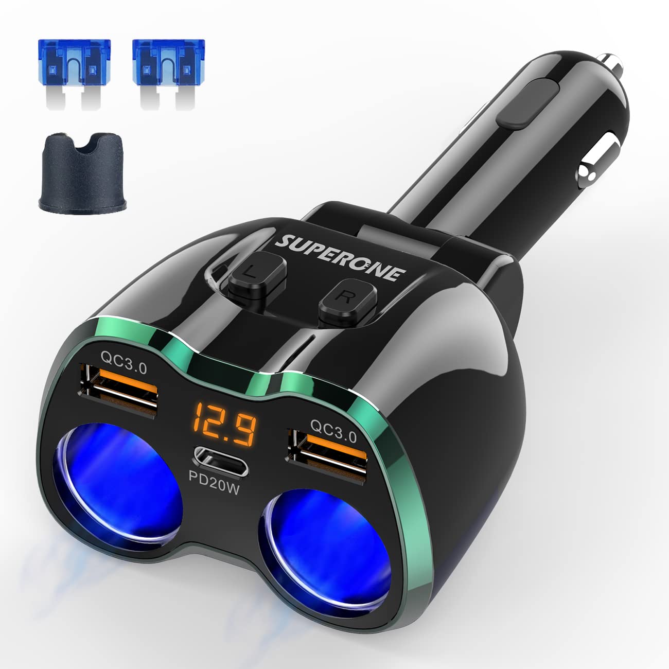 [2025 Upgraded] Cigarette Lighter Splitter, Superone 180W 2-Socket Cigarette Lighter Adapter With Dual Qc3.0 And 20W Pd Usb C Ca