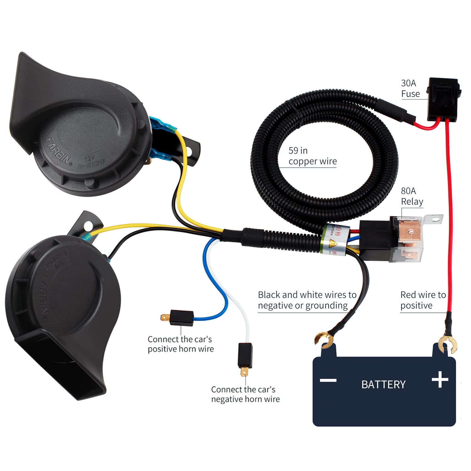 BANHAO Car Horn Kit - 12V Waterproof High Low Tone Electric Snail Horns for Trucks, Cars, and Off-Road Vehicles - Black with Harness