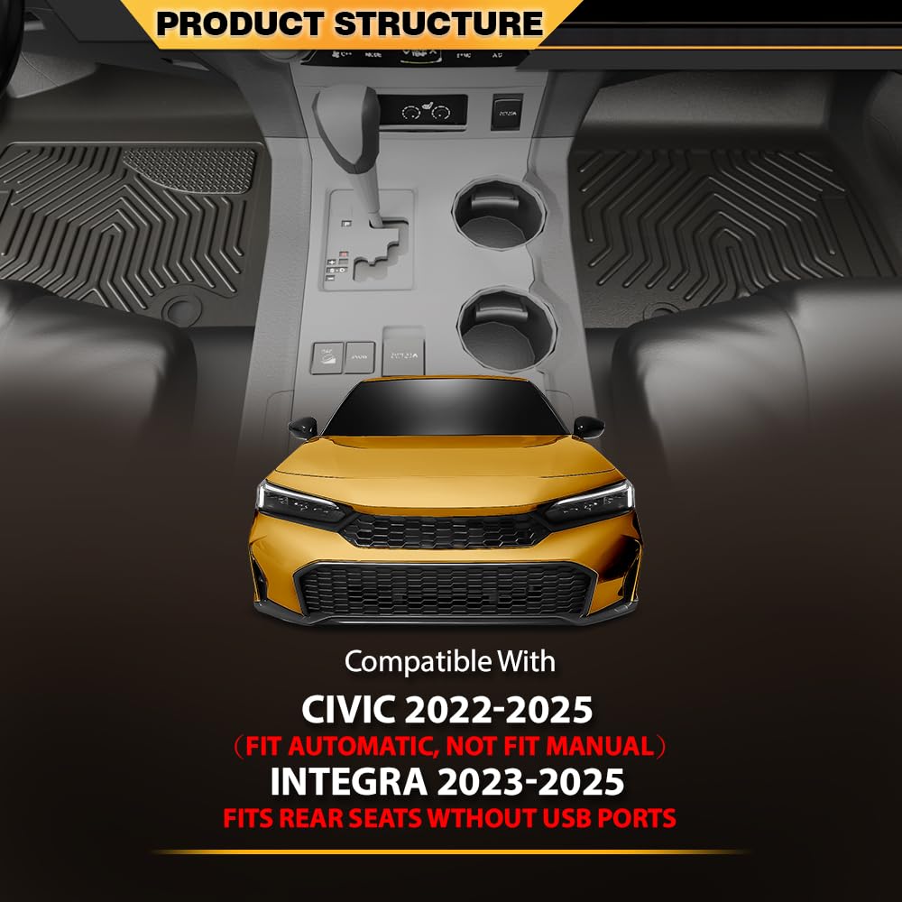 G-PLUS Floor Mats Cargo Liners, Compatible with Honda Civic 2022-2025, Fit Acura Integra 2023-2025, 1st & 2nd Row, All Weather F