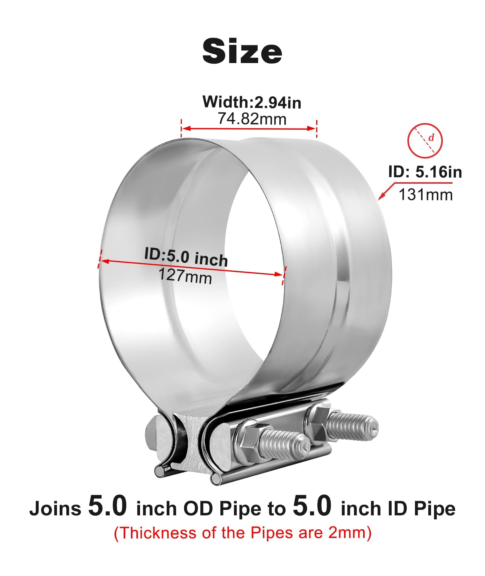 Evil Energy 5 ' ' Exhaust Clamp,Lap Joint Band Clamp Stainless Steel For Pipes,Mufflers,Catalytic Converters (1, 5 Inch)
