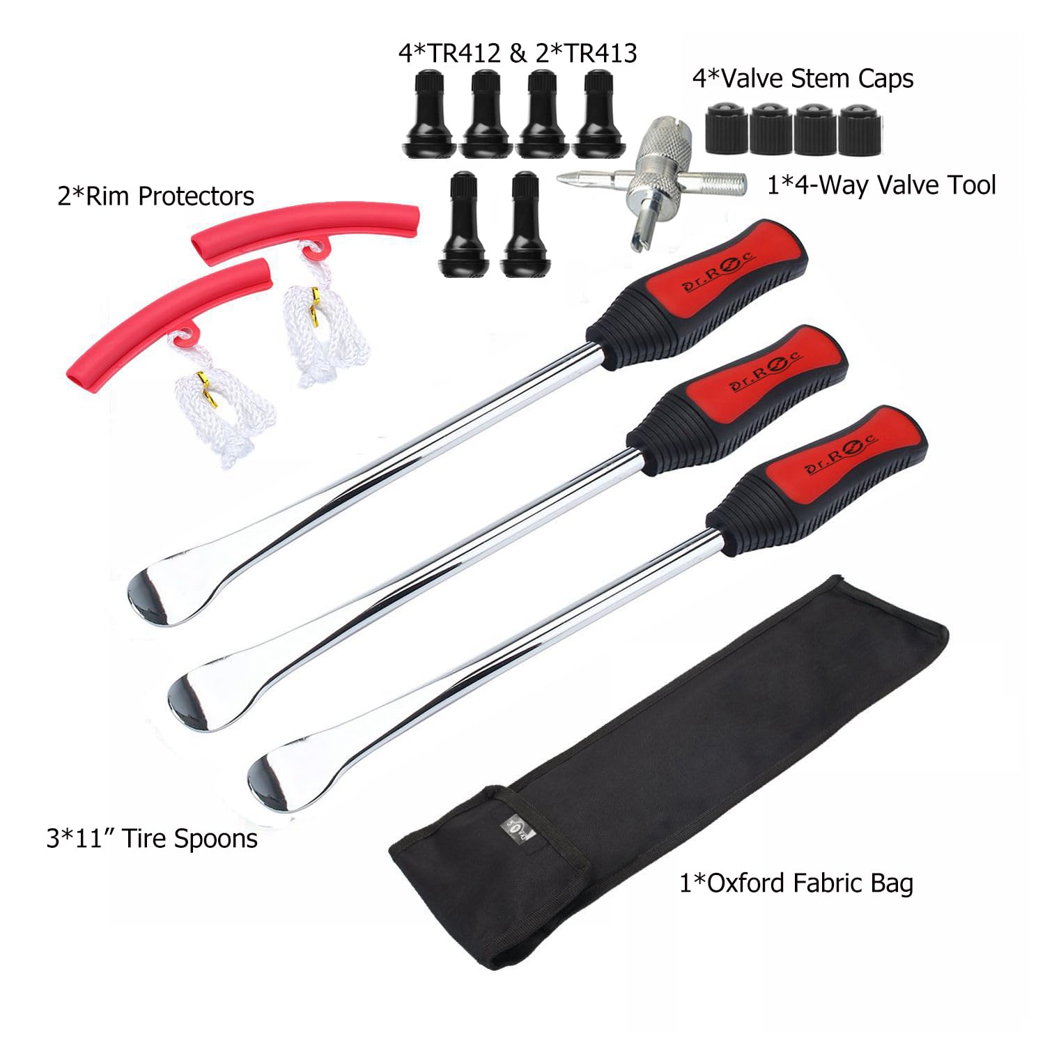 Dr.Roc Tire Spoon Lever Set - 3 Tire Irons, 2 Rim Protectors, 1 Valve Stem TR412/TR413, 11" - Essential Tools for Dirt Bikes & Motorcycles