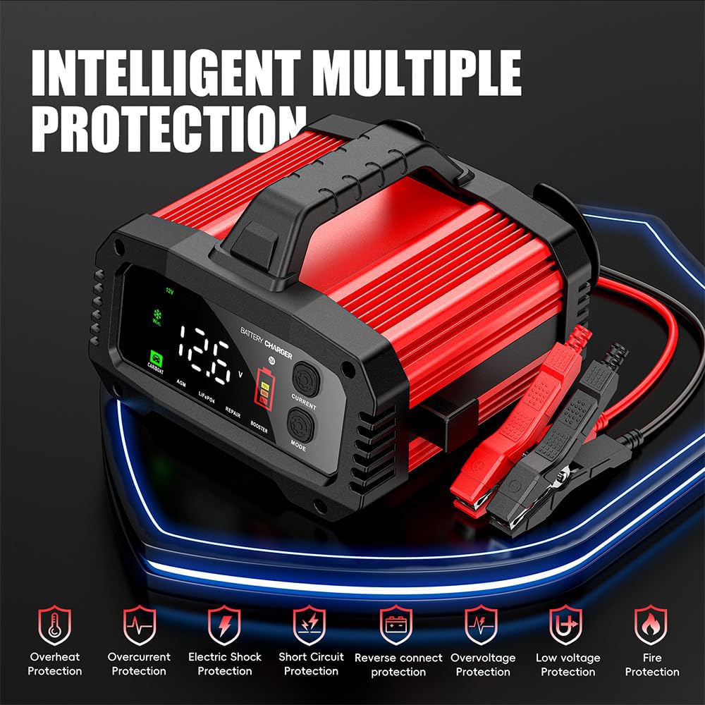 YONHAN 8 Amp Smart Car Battery Charger - 12V/24V, LCD Screen, Pulse Repair, Fireproof ABS, Red & Black, Model zyx-J30, Compact Size