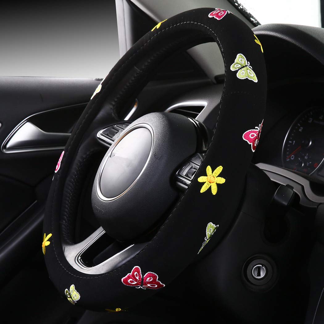 Shakar Butterfly Steering Wheel Covers- Embroidery Cute Colorful Steering Decor,Universal 15.2,Black (Black)