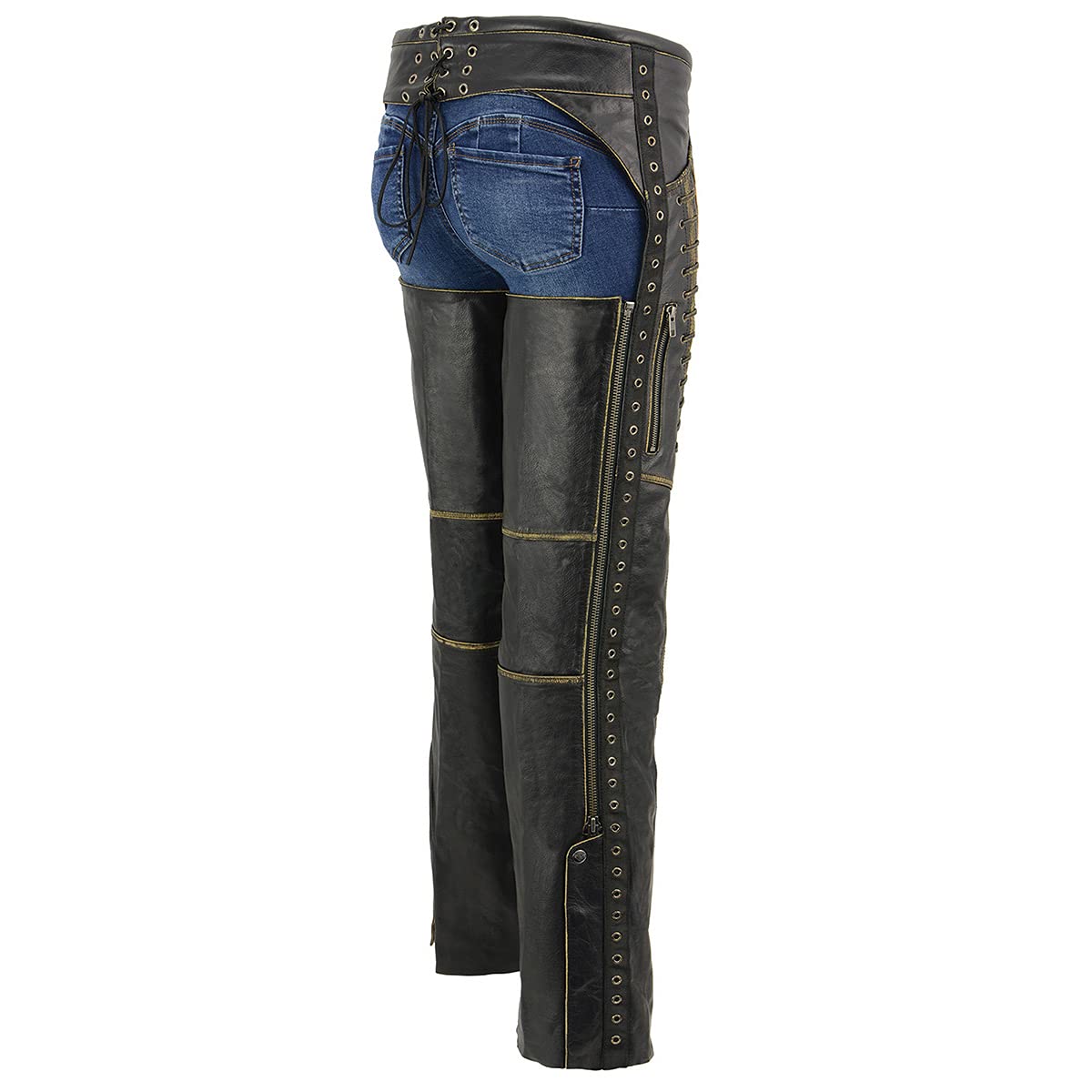 Milwaukee Leather Chaps for Women Black Premium Skin Rubbed Seams- Accented Lace Detailing Motorcycle Chap- MLL6527 - Large