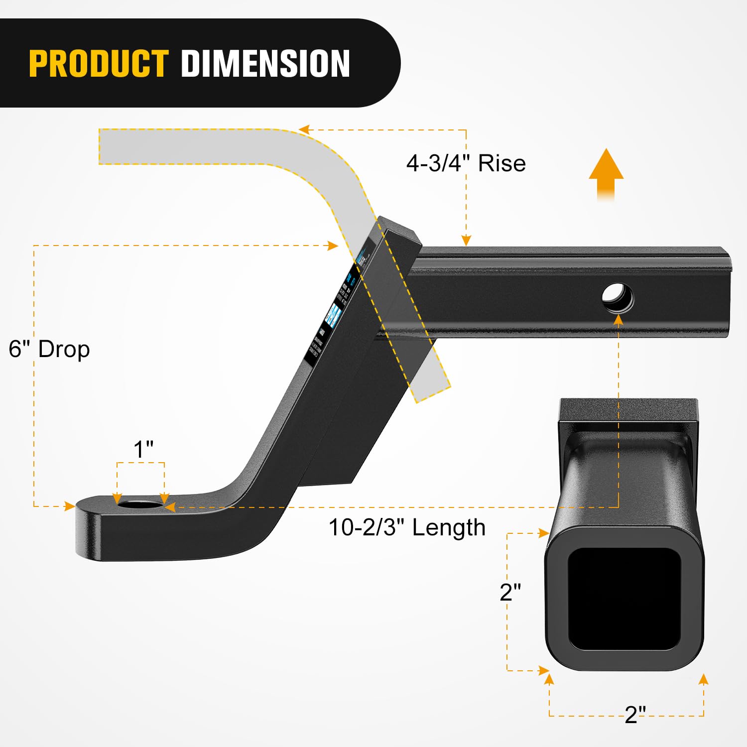 Nilight Trailer Hitch Ball Mount With 5/8'' Hitch Pin Clip Fits 2 Inch Receiver Square 7500 Lbs 6'' Drop 4-3/4    Rise 1    Hole