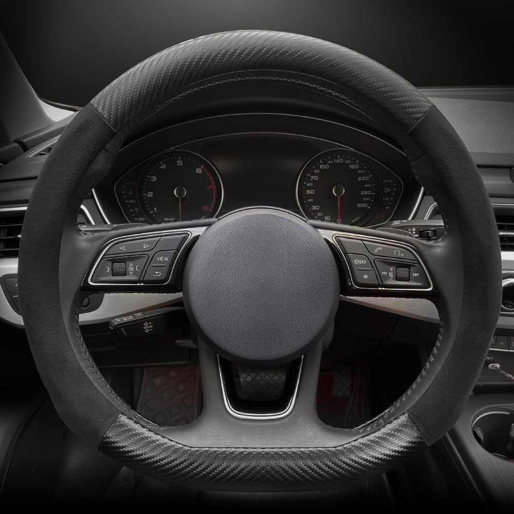 Carodi Suede Carbon Fiber Steering Wheel Cover - Non-Slip Leather, Fits Most Cars (15-Inch, Black, D-Shape)