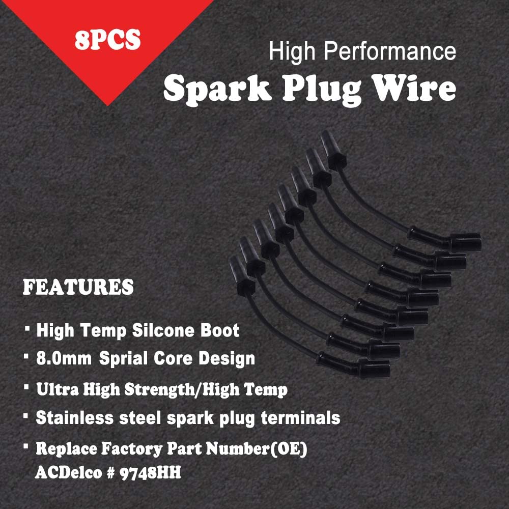 Rlp Set Of 8 Professional Spark Plug Wire 9748Hh 8.0Mm Black Compatible With Cadillac Escalade, Chevy Silverado Suburban Tahoe G