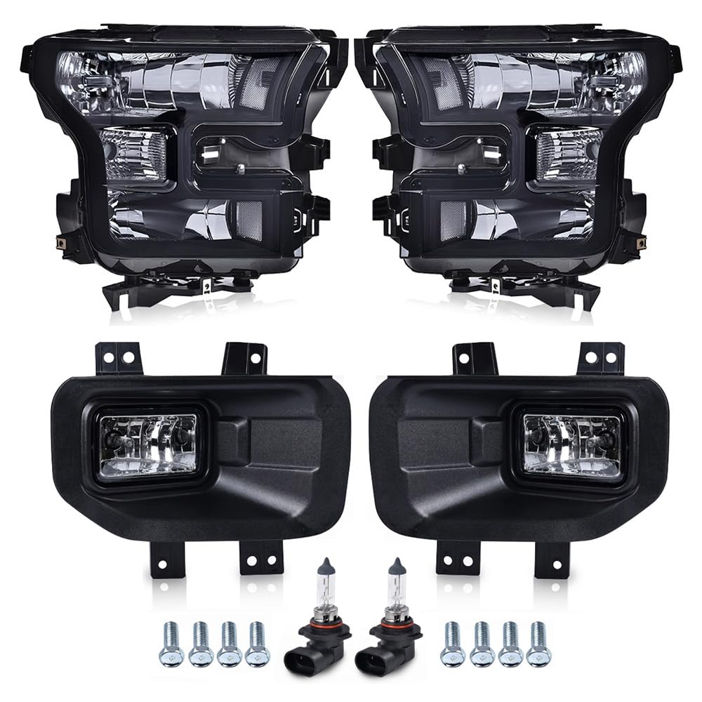 GRAND ORANGE Headlights + Clear Fog Lights Assembly Compatible with Ford F150 2015 2016 2017 4PCS Smoky Lens Black Housing Clear