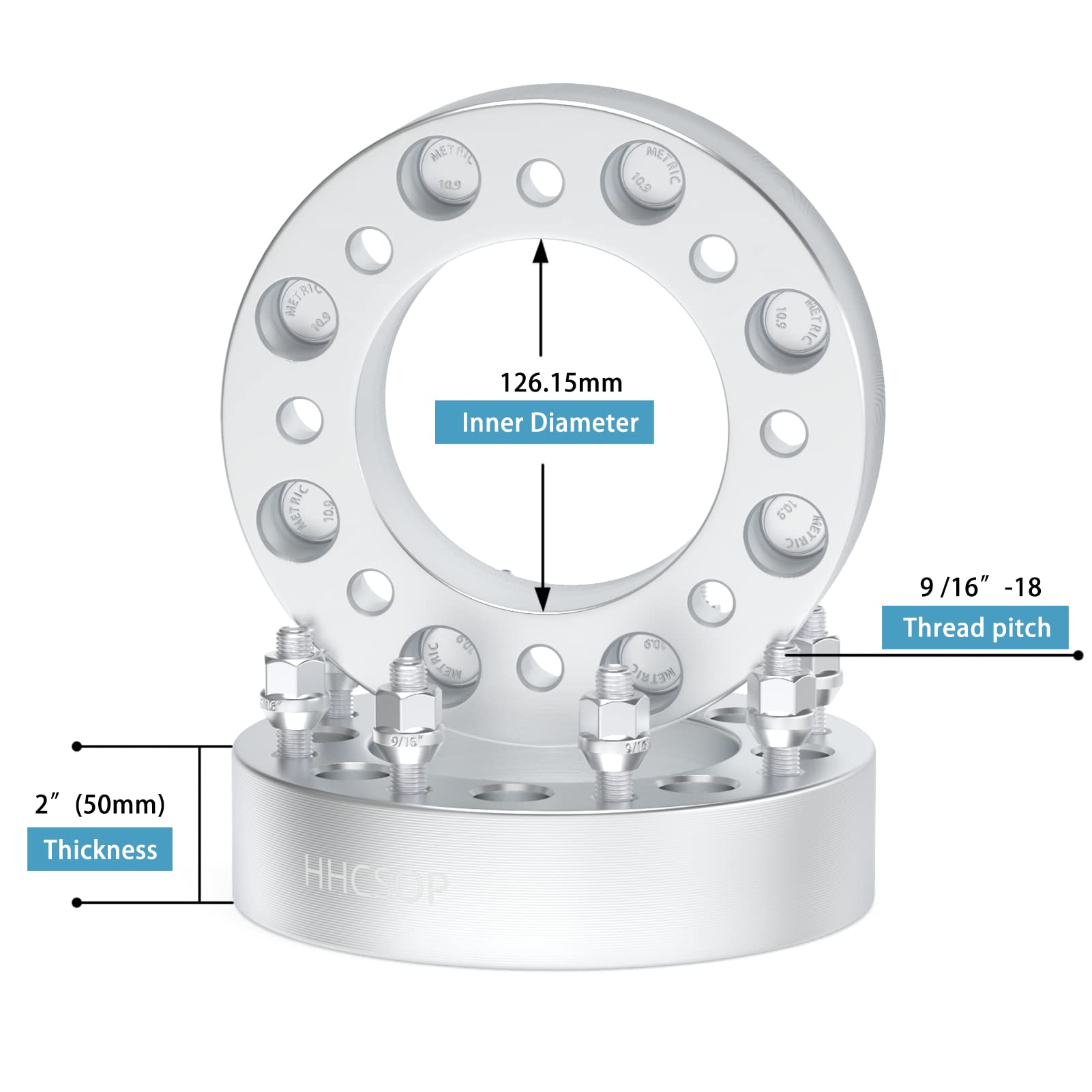 HHCSOP 8x6.5 to 8x170 Wheel Spacers, 2" (50mm), Aluminum, Silver, Fits Ford F250/F350, Dodge Ram 250