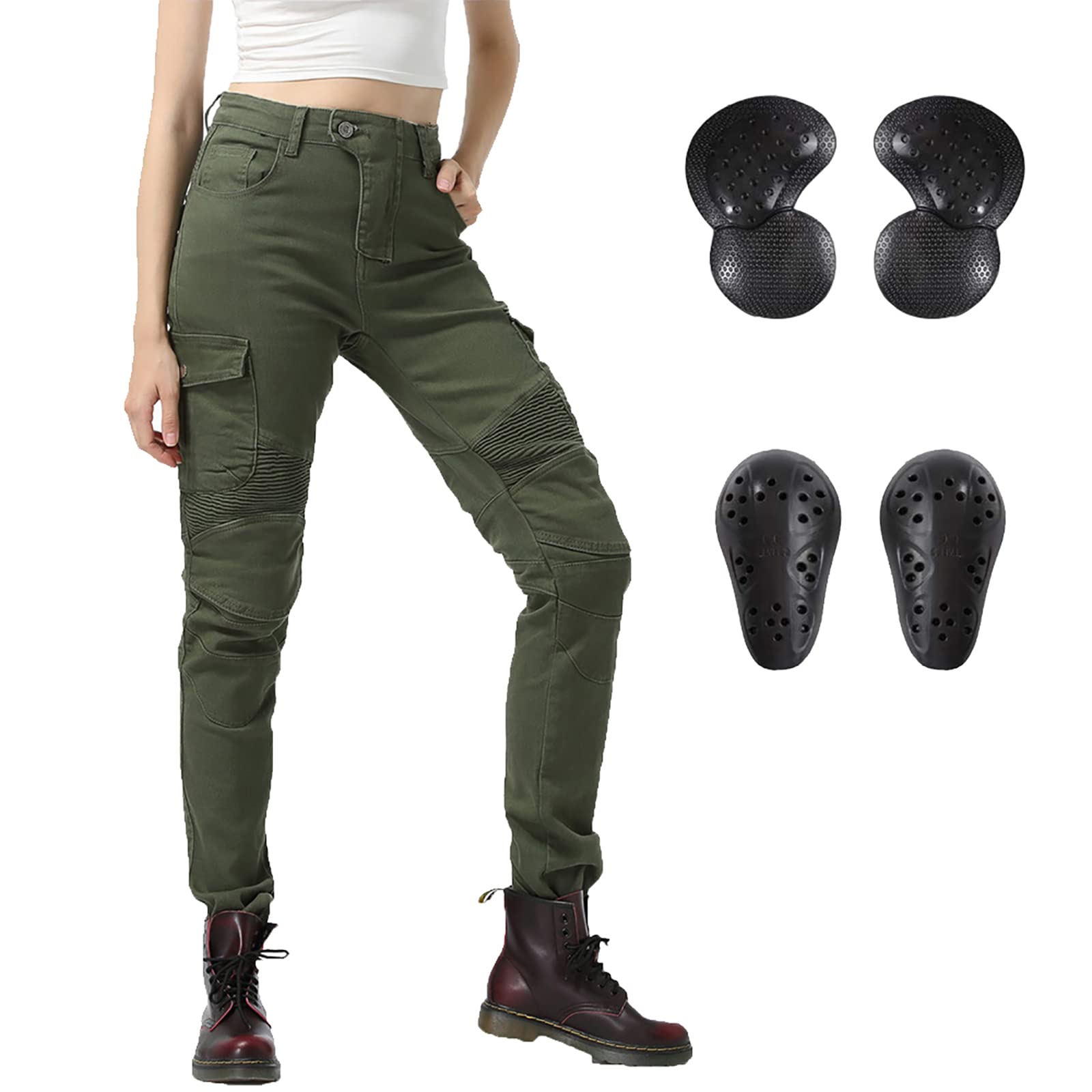 LOMENG Motorcycle Riding Pants Motorcycle Jeans Slim Fit with CE Knee Hip Removable Protectors Armor for Women Green XS 26