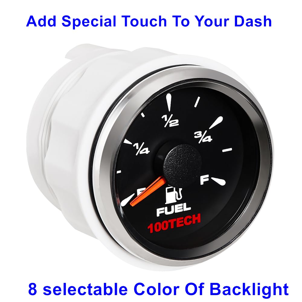 100Tech Fuel Level Gauge - 0-90 Ohm Big Sweep for Boat/Marine, 2 1/16", Stainless Steel, Black, 8 Color Backlit