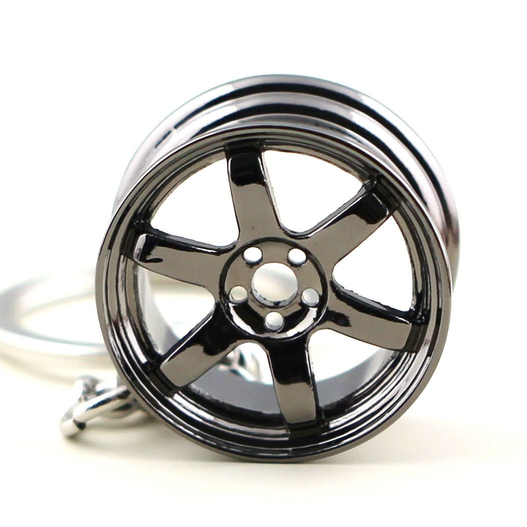 maycom Creative Hot Auto Part Model TE37 Six Star Wheel Rim Tyre Keychain Keyring Key Chain Ring Keyfob Car Accessories (Black)