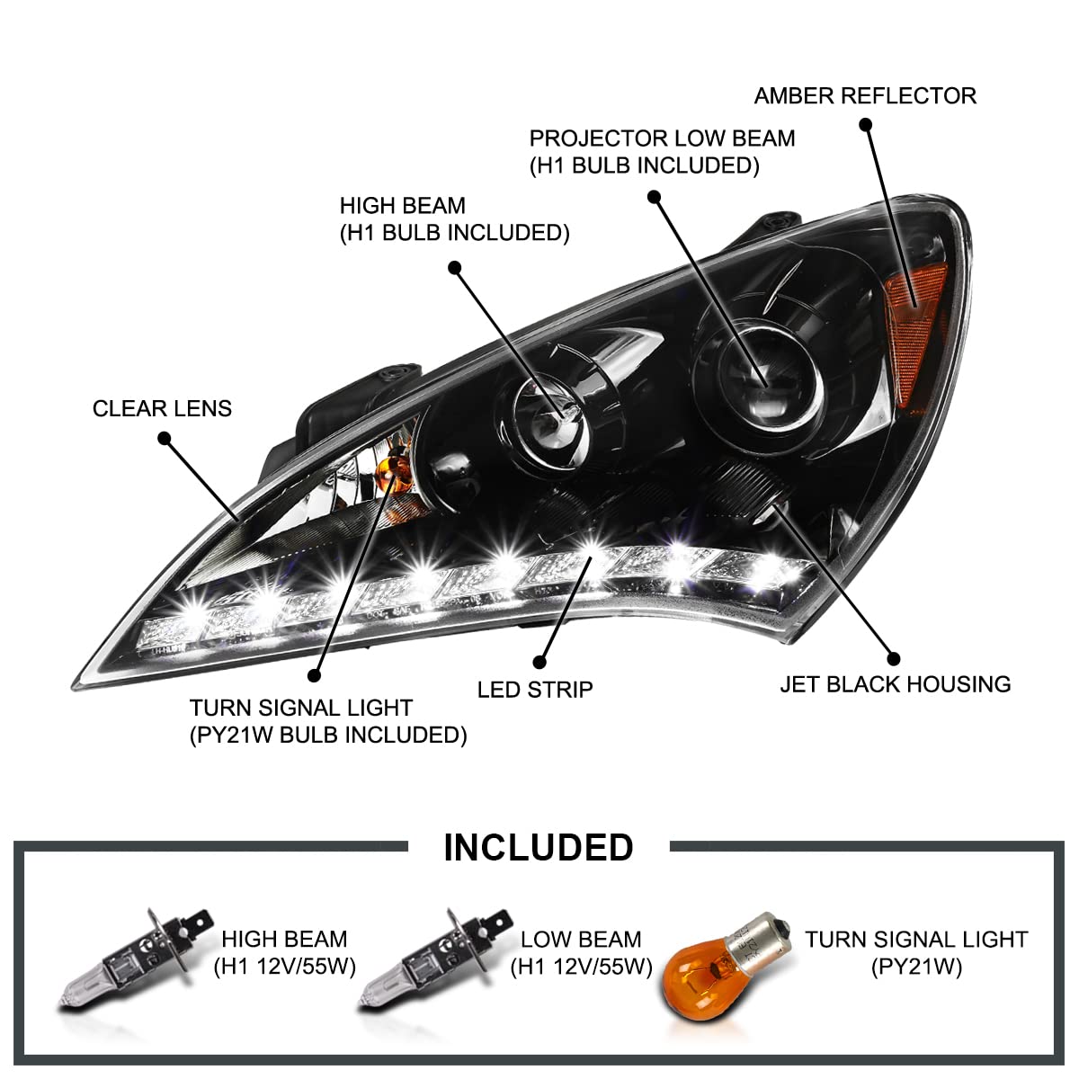 SPEC-D TUNING LED Projector Headlights for 2010-2012 Hyundai Genesis Coupe, Jet Black Housing, Left + Right Pair, Model 2LHP-GENS210BK-V2