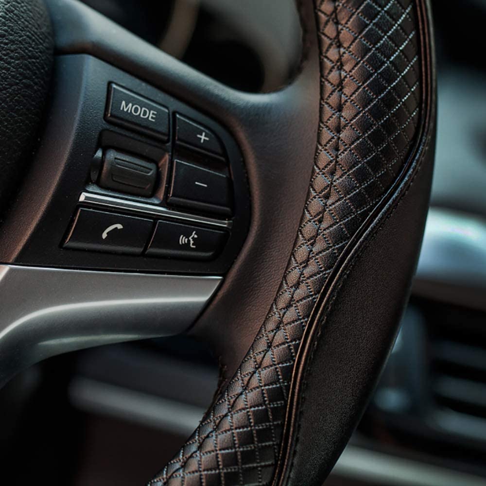 Valleycomfy 15" Genuine Leather Steering Wheel Cover - Breathable, Anti-Slip, Black with Black Lines, Size M(14.5"-15.25")