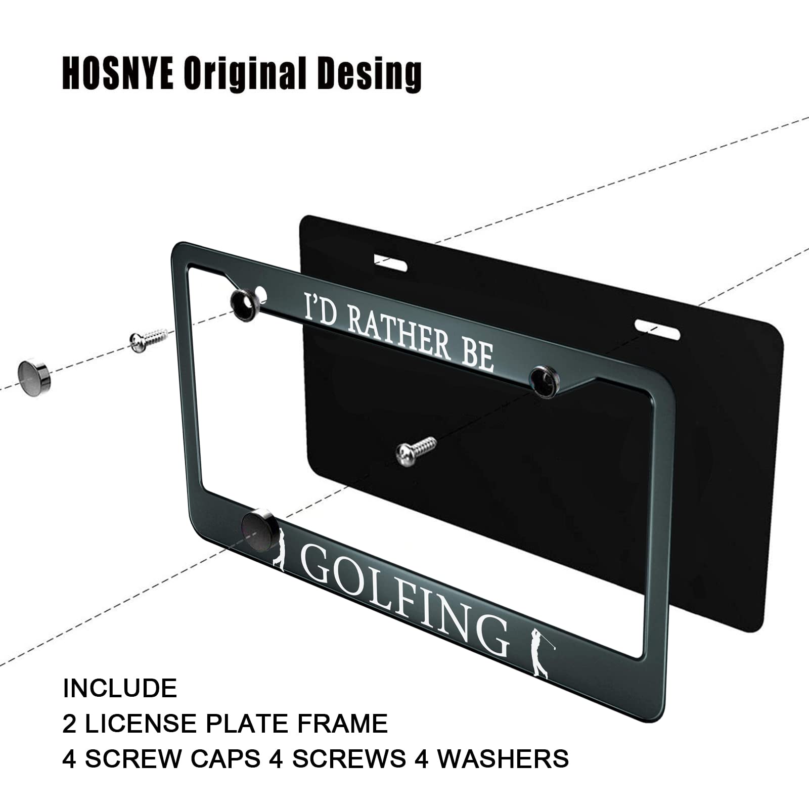 Hosnye I'D Rather Be Golfing License Plate Frame Black 2 Pcs Playing Golf Lovers Metal Cute Licenses Plates Frames Licenses Plat