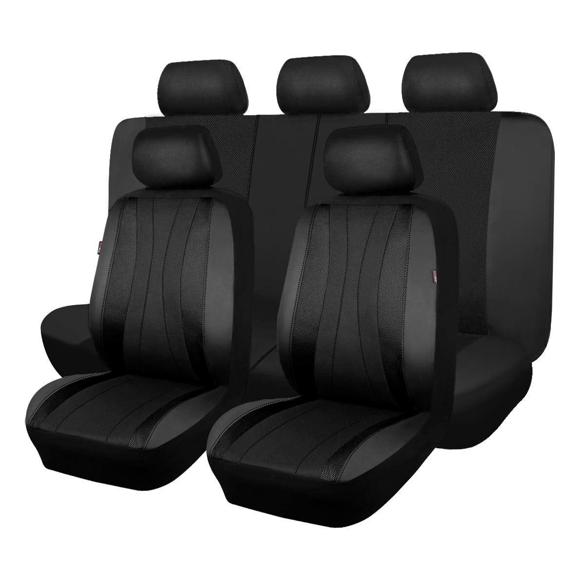 Flying Banner Car Seat Covers Full Set Faux Leather Air Mesh Breathable Man Lady Airbag Compatible Rear Bench Split 40/60 50/50 60/40 Truck Pick Up (Full Set - Low Back, Black Black)
