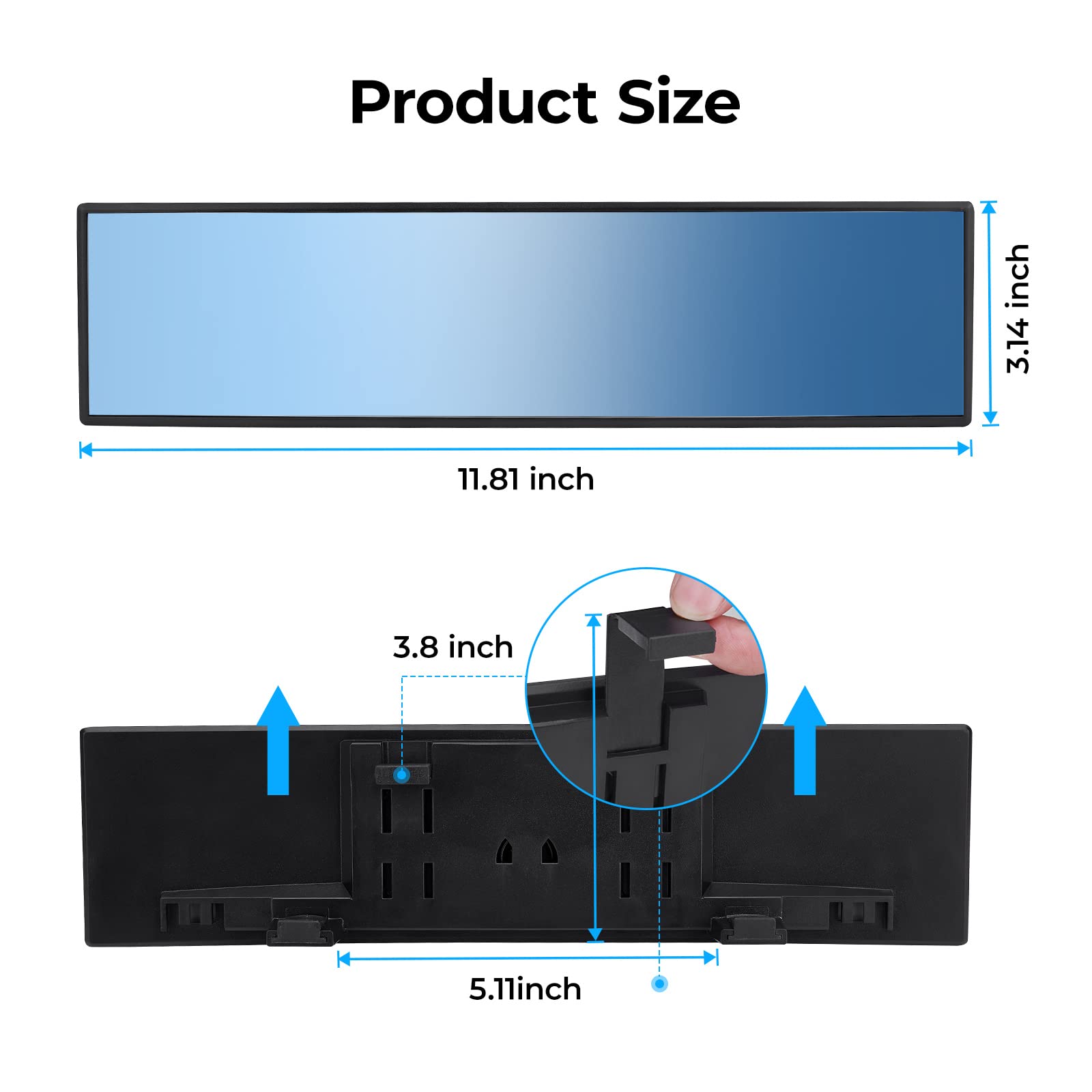Joytutus Rear View Mirror, Universal 11.81 Inch Panoramic Convex Rearview Mirror, Interior Clip-On Wide Angle Rear View Mirror T