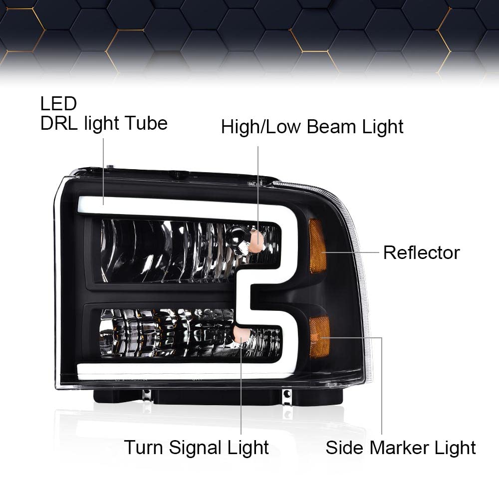 Pit66 Led Drl Headlight Assembly Compatible With Ford F250 F350 F450 F550 Super Duty 2005 2006 2007/Fit For Excursion 2005 6C3Z1