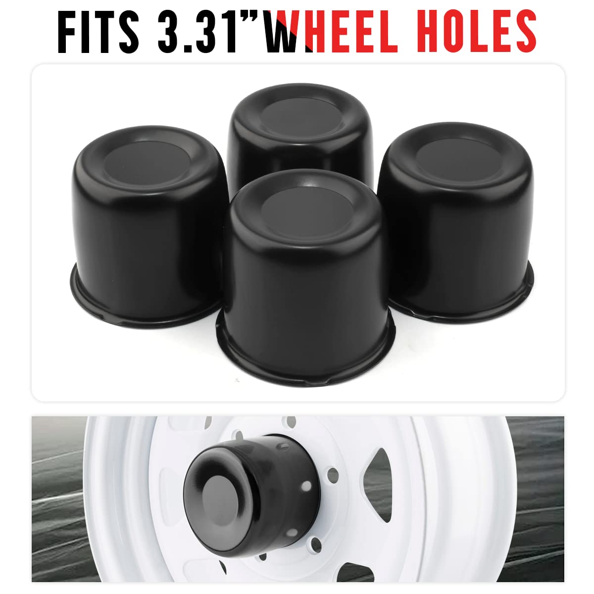 Rtrhinotuning 4Pcs 3.31 84Mm Push Through Center Caps Wheel Center Caps For Truck Trailer Wheel Rim, 3.31 Hub, 3.03 H Matt Black Hub Caps
