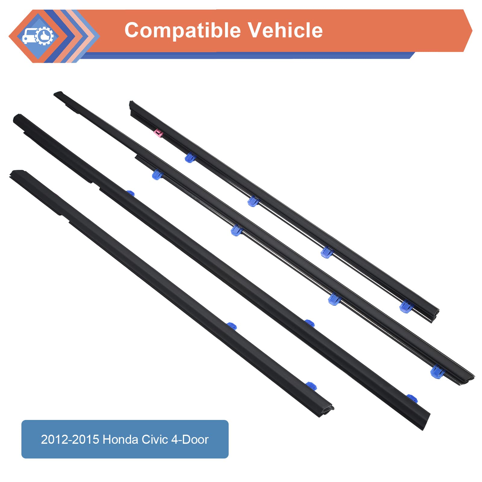 ZONFANT Car Door Window Moulding Trim Seal Set, Black, PVC/PU, 2012-2015 Honda Civic, Model ZON-72450-TR0-A01,