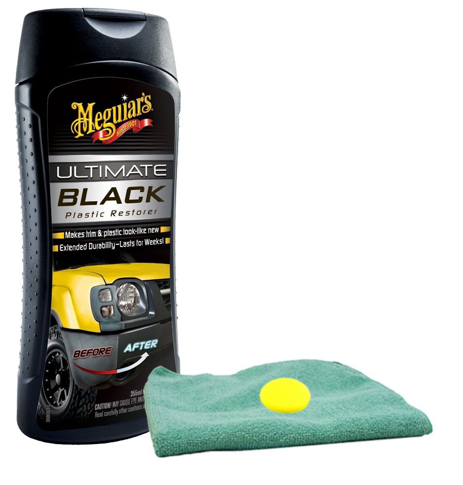 Meguiars Ultimate Black Plastic Restorer (12 oz) Bundle with Microfiber Cloth & Foam Pad (3 Items)