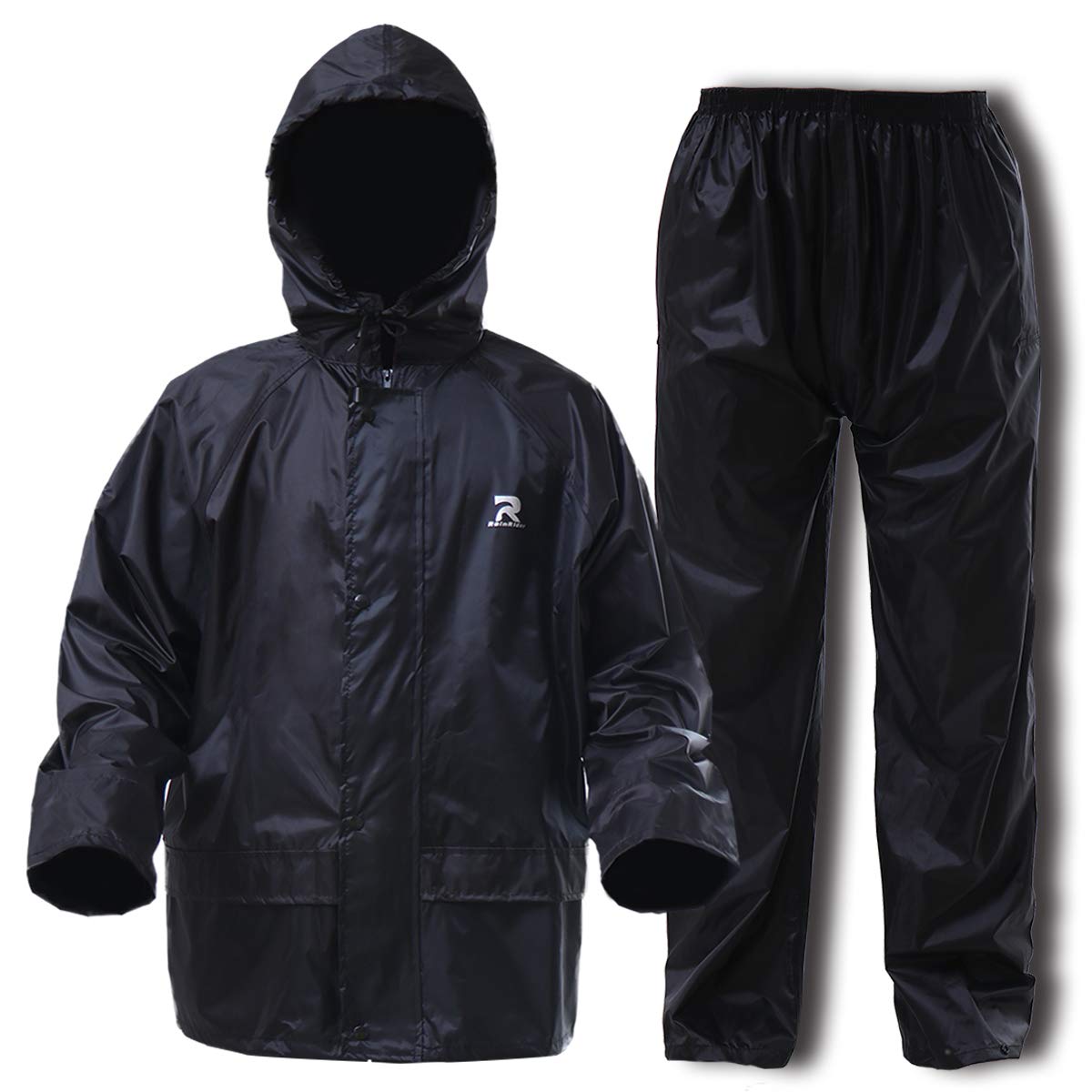 RainRider Rain Suit for Men Women Ultra-Lite Rain Gear Jacket with Pants 3-Piece Portable Ripstop(Black,Large)