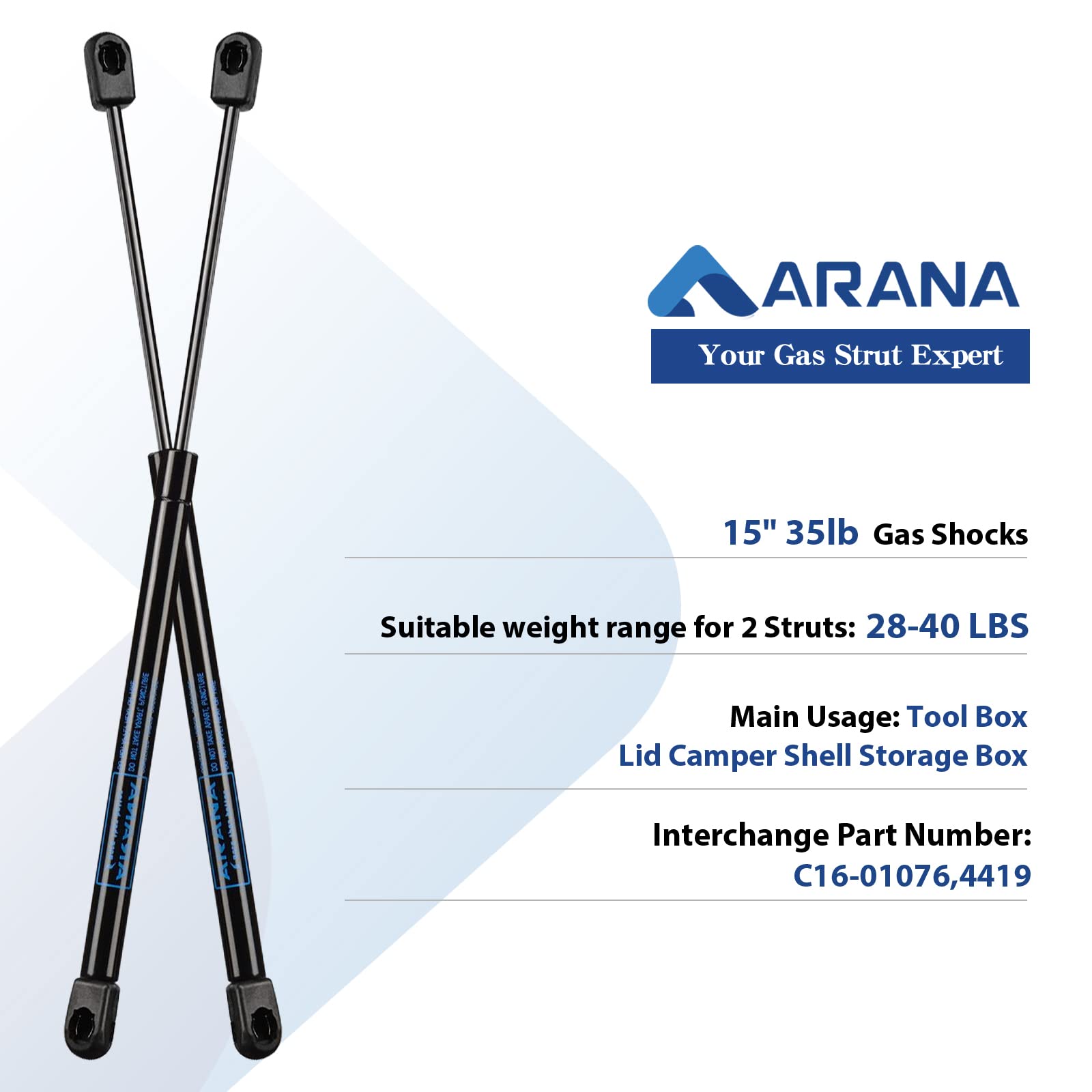 ARANA Gas Struts Lift Support - 15" 35 Lbs Metal Gas Shocks for Boat Hatch & Toolbox - Black, 2 Pcs