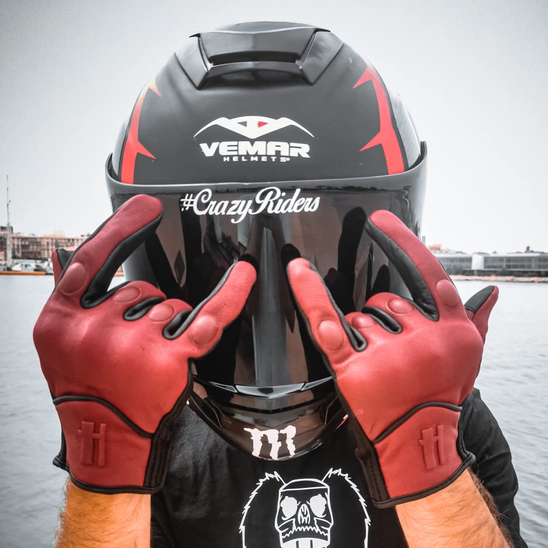 Harssidanzar Motorcycle Gloves - Leather Touch Screen Riding Gloves, Size L, Oxblood/Black, Model GM028US