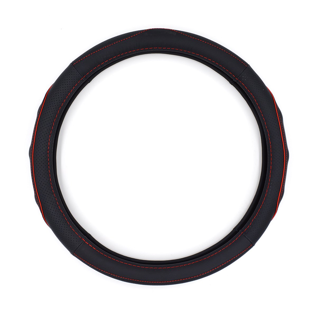 QianBao Genuine Soft Black Leather Steering Wheel Cover, 14 Universal Fit, Small 13.5-14.2, Odorless, Anti-Slip, Red Line