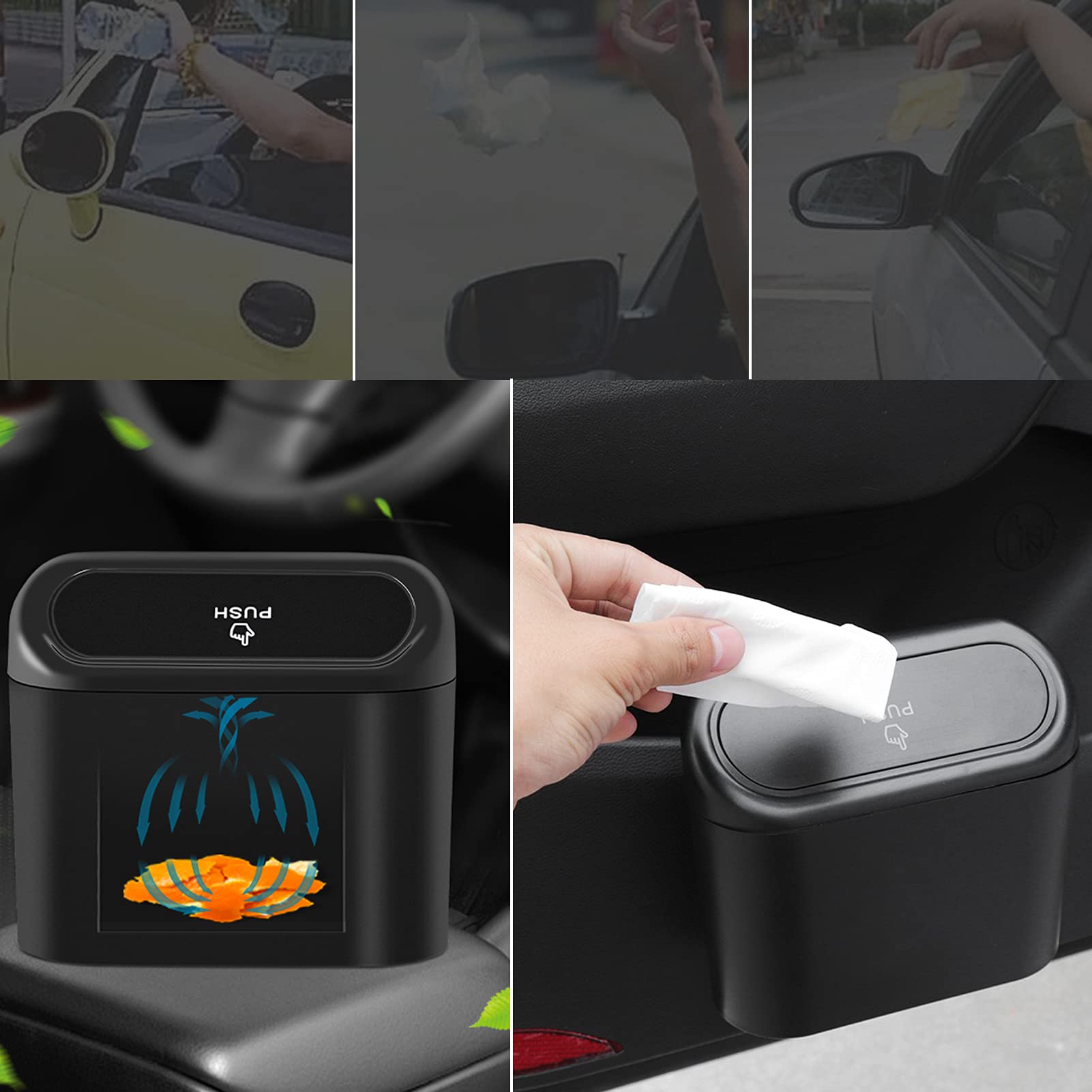 Car Trash Can Bin With Lid - 3 Packs Universal Vehicle Mini Leakproof Garbage Can Bin With 60Pcs Trash Bags Can Organizer Storag
