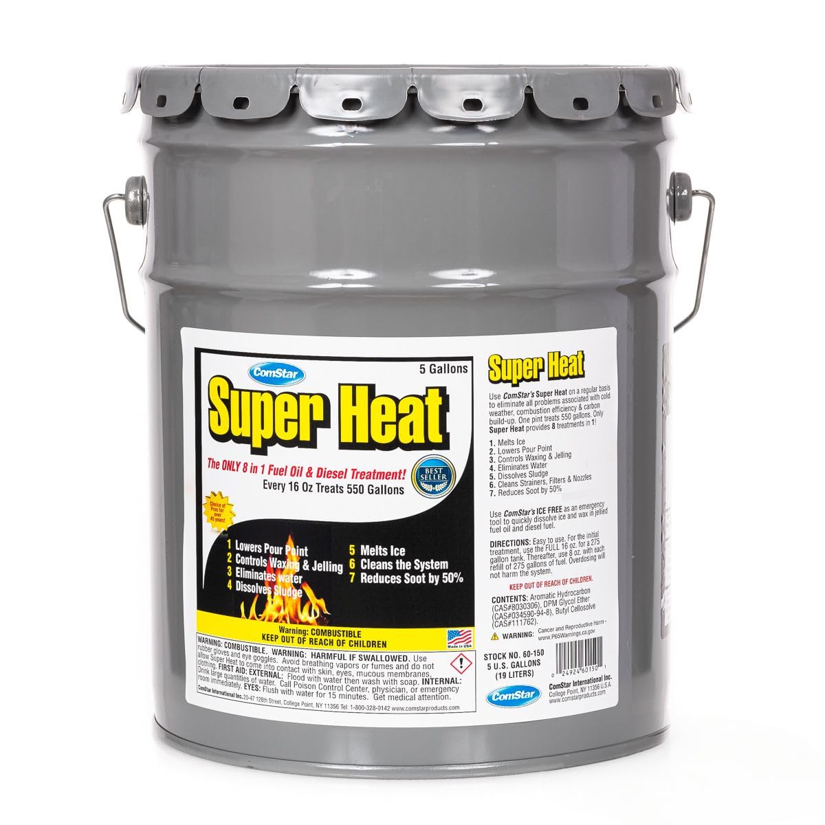 ComStar Super Heat, 5 Gallon, 8-in-1 Heating Oil System Treatment, Controls Waxing & Jelling, Melts Ice, Lowers Pour Point, Brea