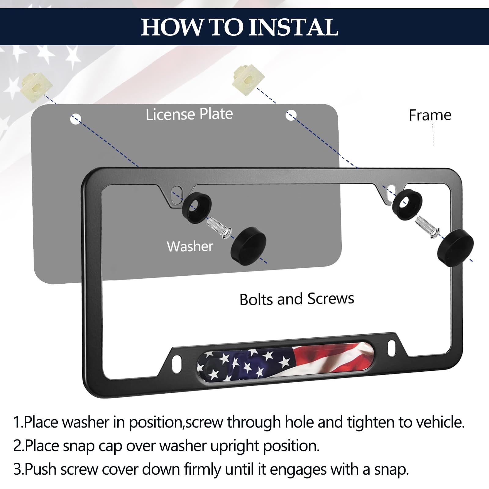 American Flag License Plate Frames - 2 Pack Patriotic Aluminum Metal Flying US Flag Car Tag Plate Frame Holder Covers with 4 Flu