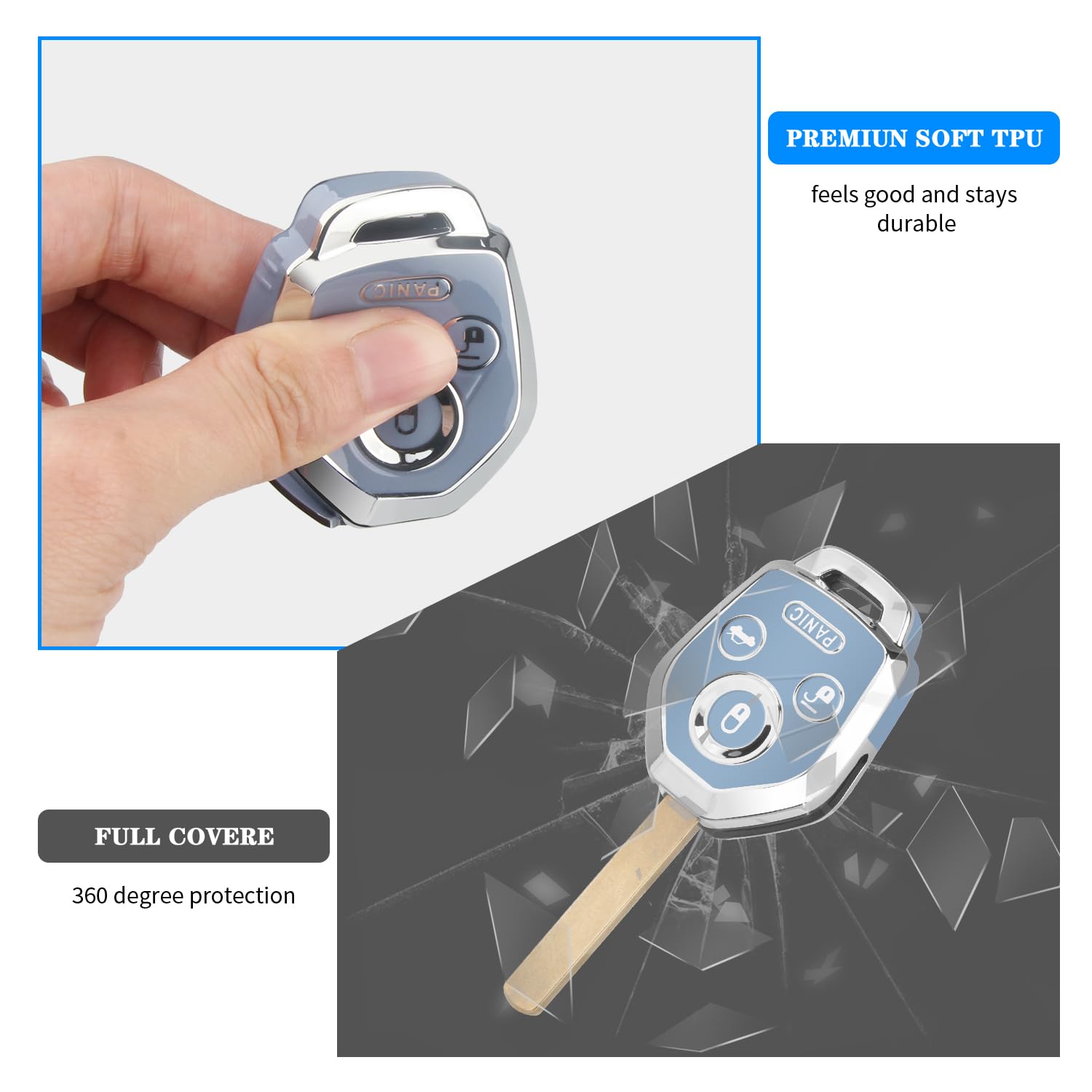 QBUC Subaru Key Fob Cover - Soft TPU Protection Case, Chrome Trim, Blue, Compatible with 2008-2019 Models: Ascent, BRZ, Crosstrek, & More