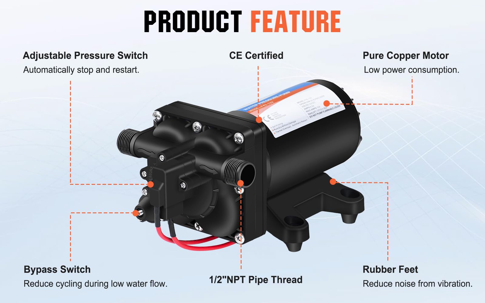 YoungTree 12V Water Pressure Pump 5.5GPM 70PSI, Stainless Steel, Black, Model F42-12V, On Demand Self Priming with Hose Adapters