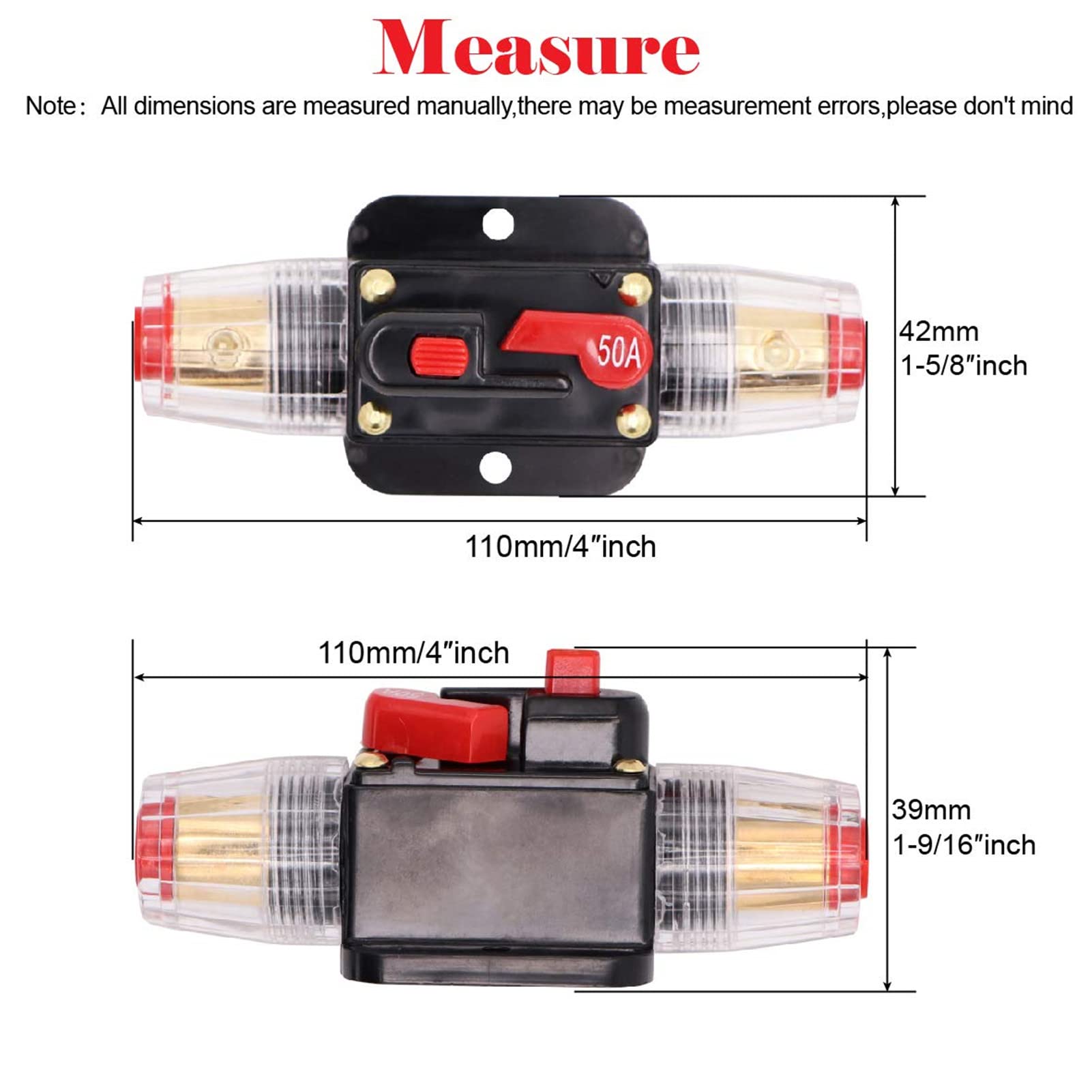 2 Piece 50A Circuit Breaker 12V with Manual Reset,50 amp Inline Fuse 0-8 Gauge for Car Audio Marine Boat Stereo Switch Inverter