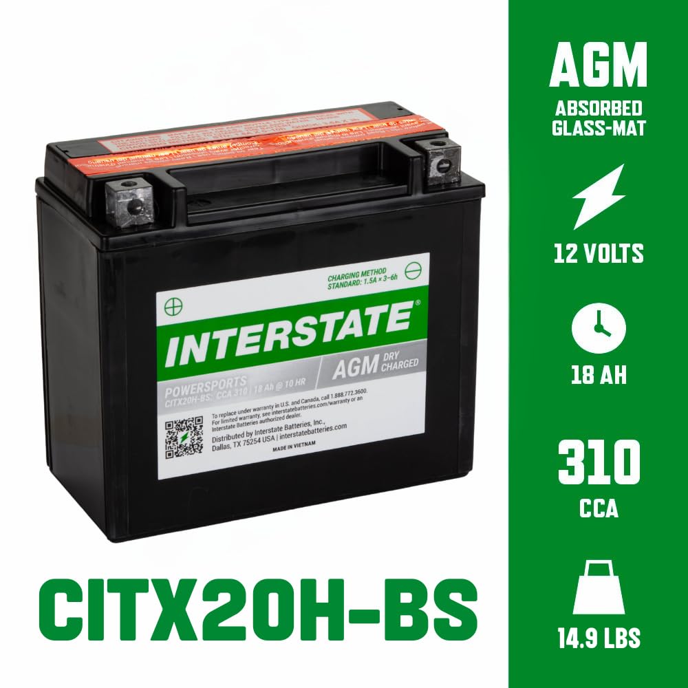 Interstate Batteries YTX20H-BS 12V 18Ah AGM Powersports Battery 310CCA for Arctic Cat, Harley, ATVs, Snowmobiles