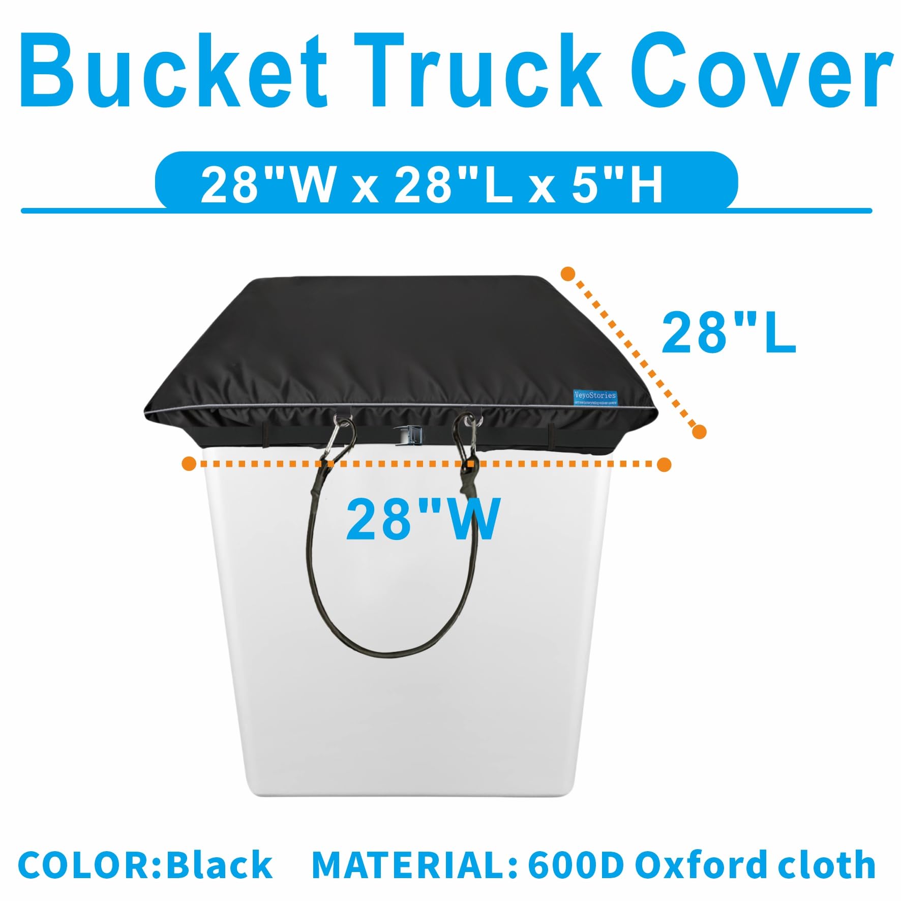 VeyoStories Bucket Truck Cover - Tear-Resistant 600D Oxford Cloth, 28" x 28", Black, Model 6825-S, Elasticated Cord Buckle, Cover Only
