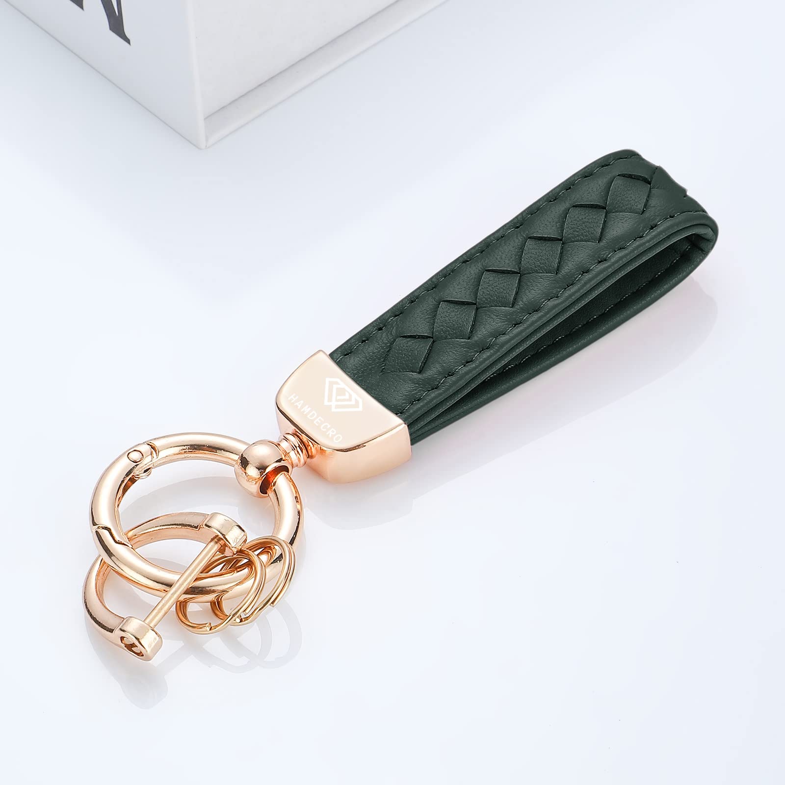 Hamdecro Genuine Leather Keychains, Handmade Knit Sheepskin Car Key Chains For Women, Universal Key Fob Holder With 360 Degree Rotatable, Anti-Lost D-Ring, 2 Keyrings And 1 Screwdriver - Green