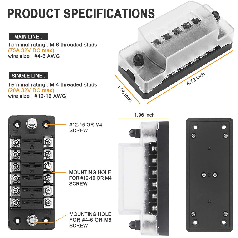 ELECTOP 6 Way Fuse Block Blade Fuse Box with Negative Bus, 6 Circuit Fuse Holder Fuse Block w/Negative Bus, Waterproof Protectio