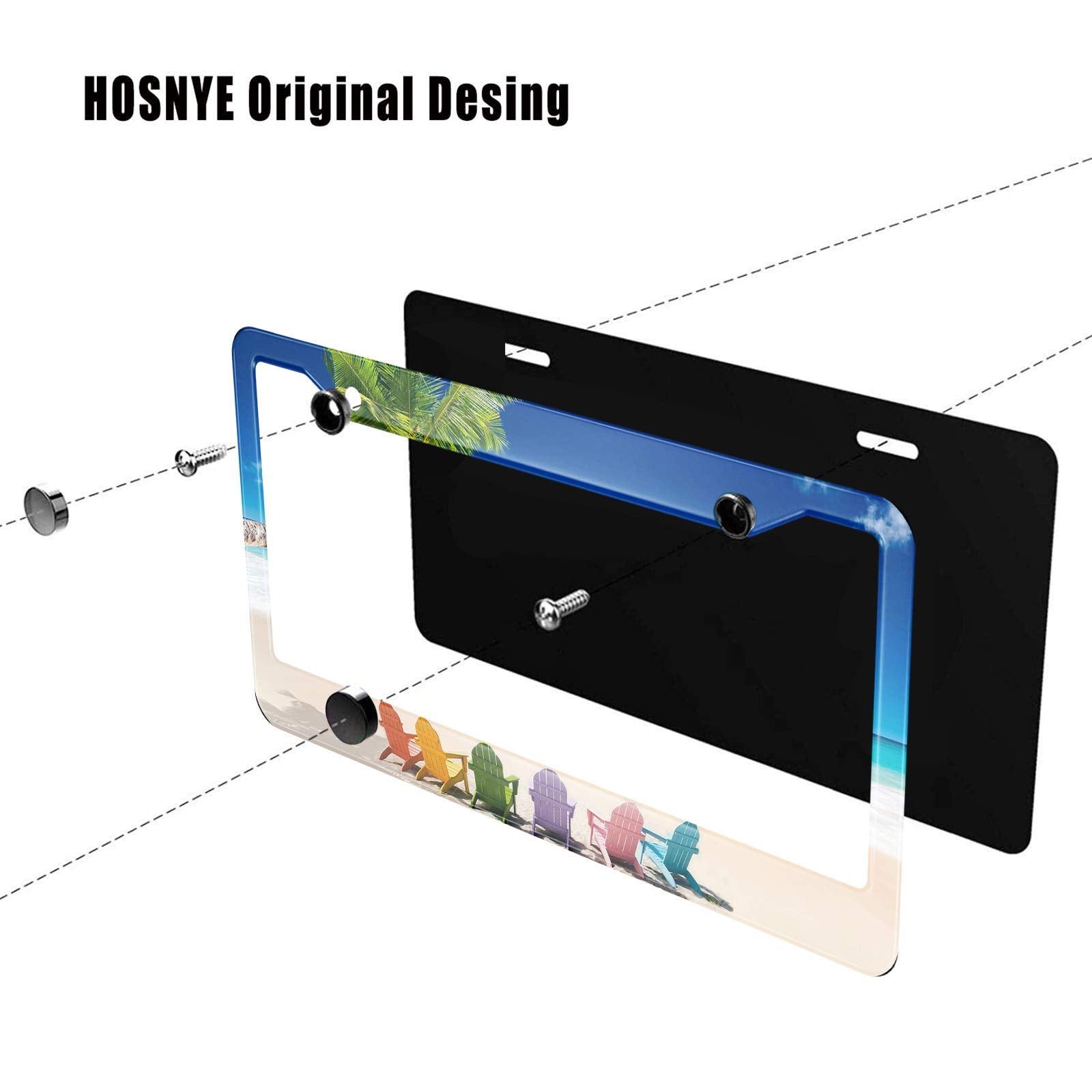 HOSNYE Beach Loungers License Plate Frame Colorful Chairs in Tropical Summer Palm Tree Metal License Plate Cover Front Plates Fr
