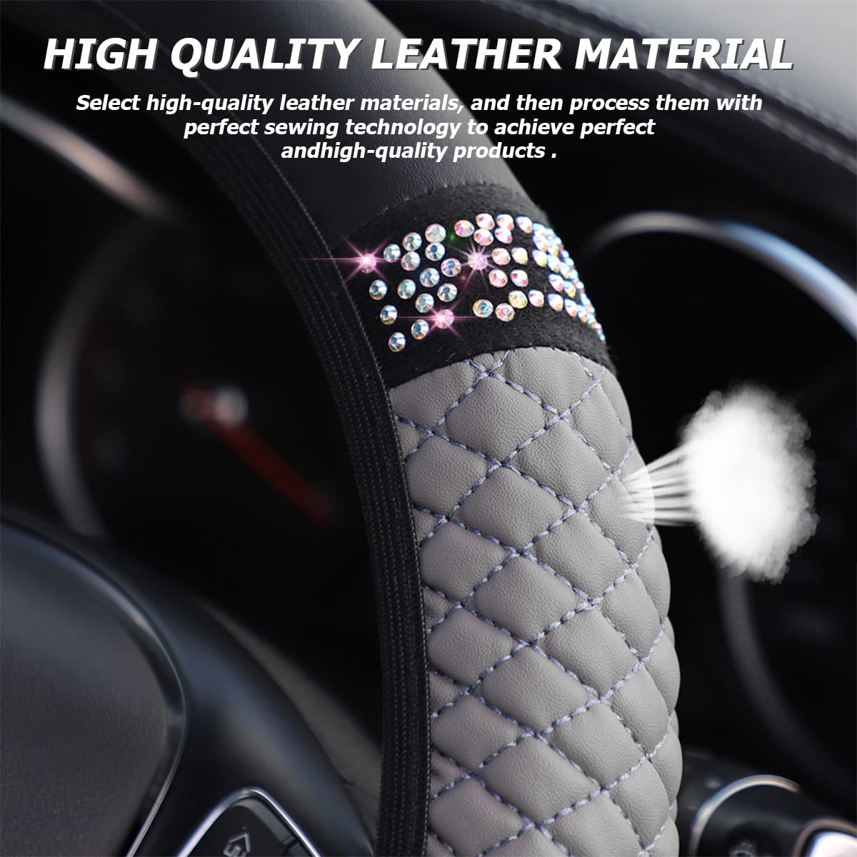 Bling Leather Steering Wheel Cover, Colorful Rhinestones Elastic Steering Wheel Protector, Pu Soft Leather With Crystal Diamond, Sparkling Car Accessories For Most Cars (Gray)