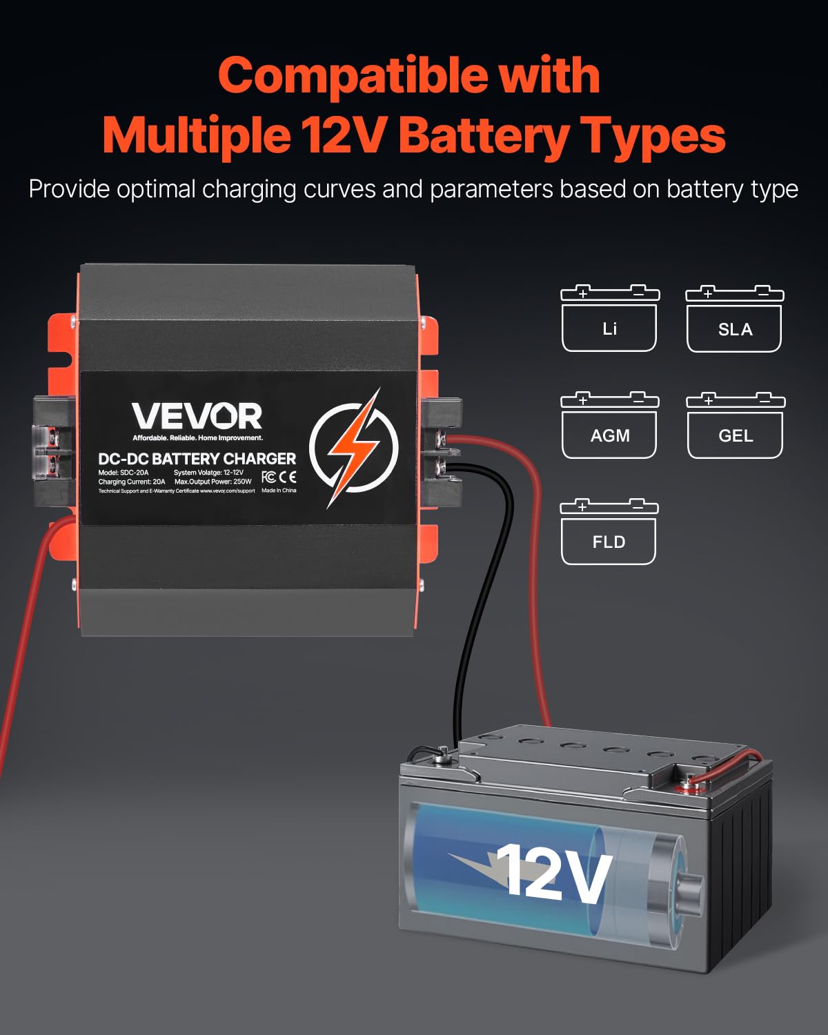VEVOR 12V 40A DC to DC Battery Charger, 500W On-Board Smart Charging for Lead-Acid, Lithium, AGM, Gel Batteries - Black