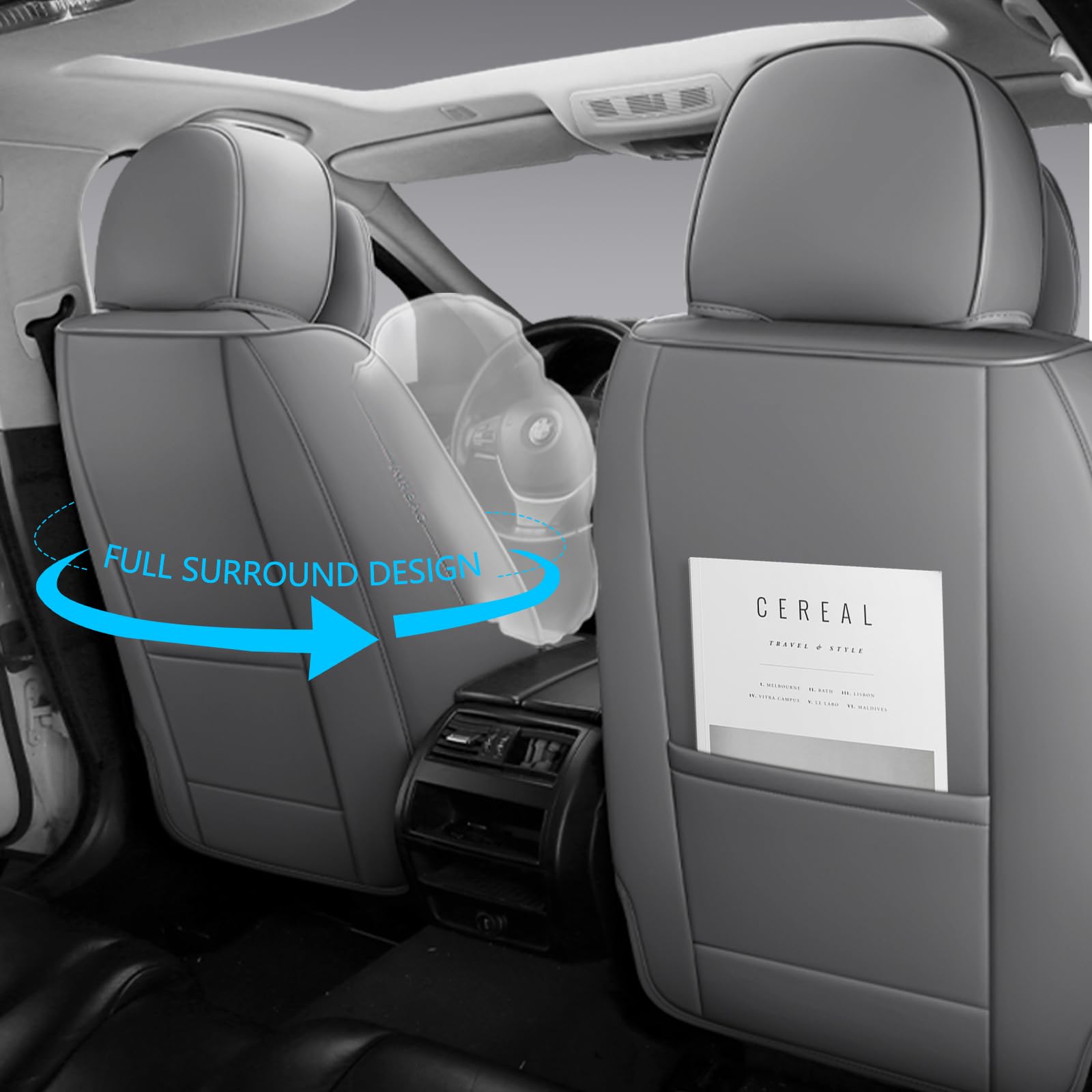 NS YOLO Full Coverage Faux Leather Car Seat Covers, Front Pair, Grey, Model MJ01 for Cars, SUVs, and Trucks