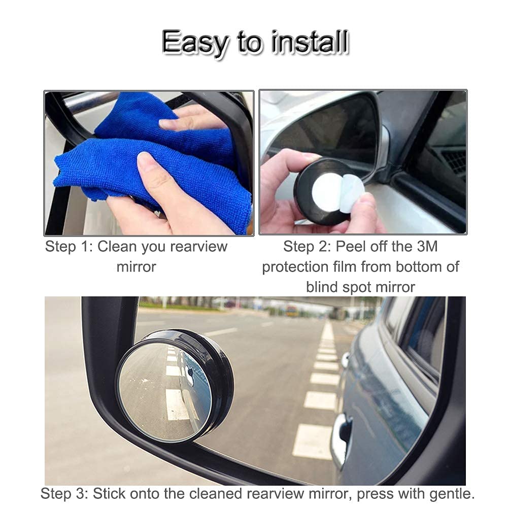KEWAYO 2 Pack Automotive Blind Spot Mirrors, 50mm Adjustable Convex Wide Angle, Black, Stick-on Design for All Vehicles