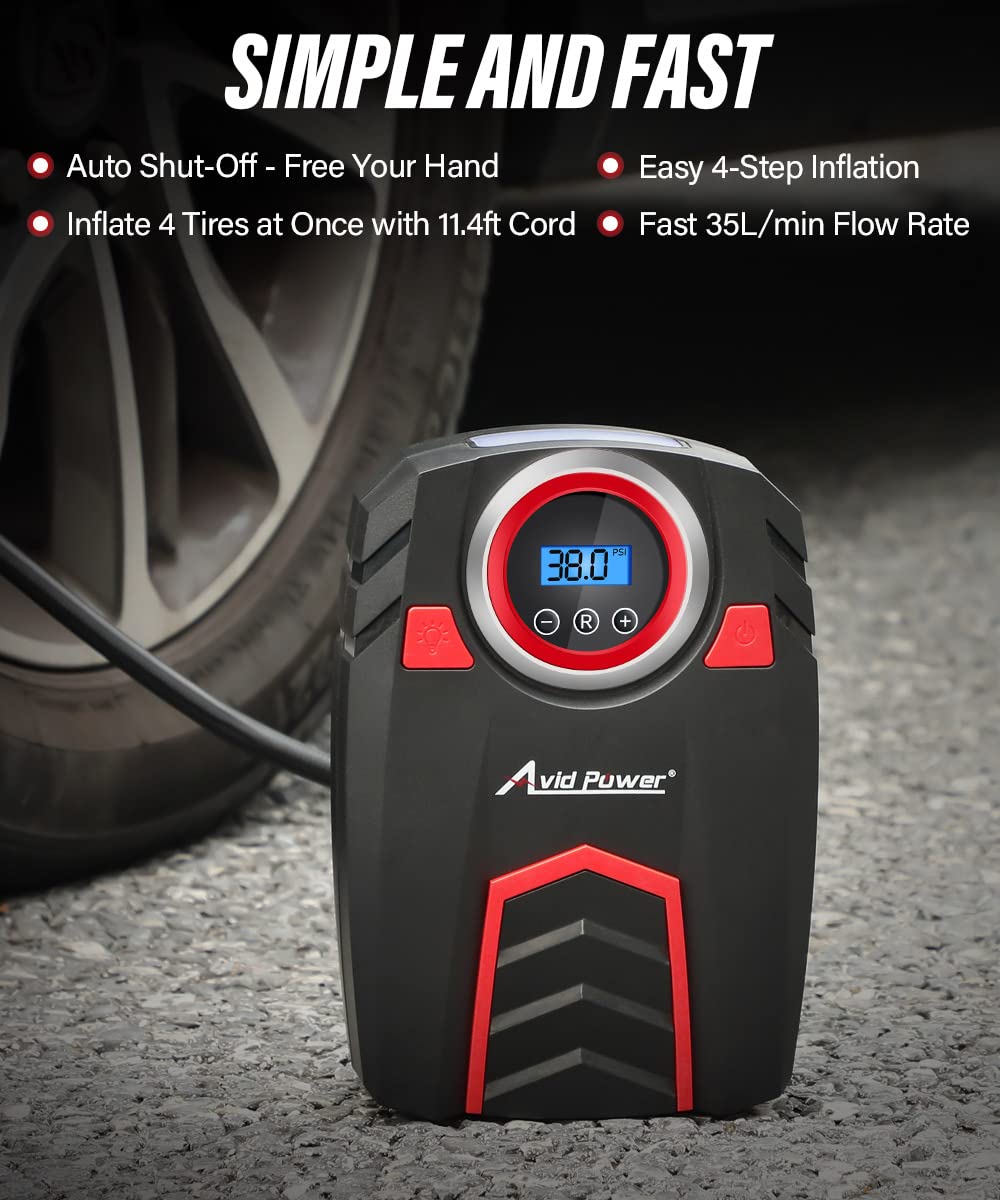 Avid Power 12V Tire Pump - Digital Pressure Gauge, LED Light, Auto Shut-Off, ACAP600 for Cars, Bicycles, and Inflatables