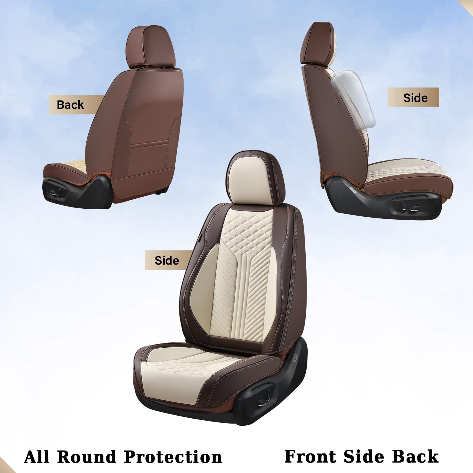 Coverado Leather Car Seat Covers Full Set, 5 Seats Waterproof Faux Leather, Brown & Beige, Universal Fit, Model 8818