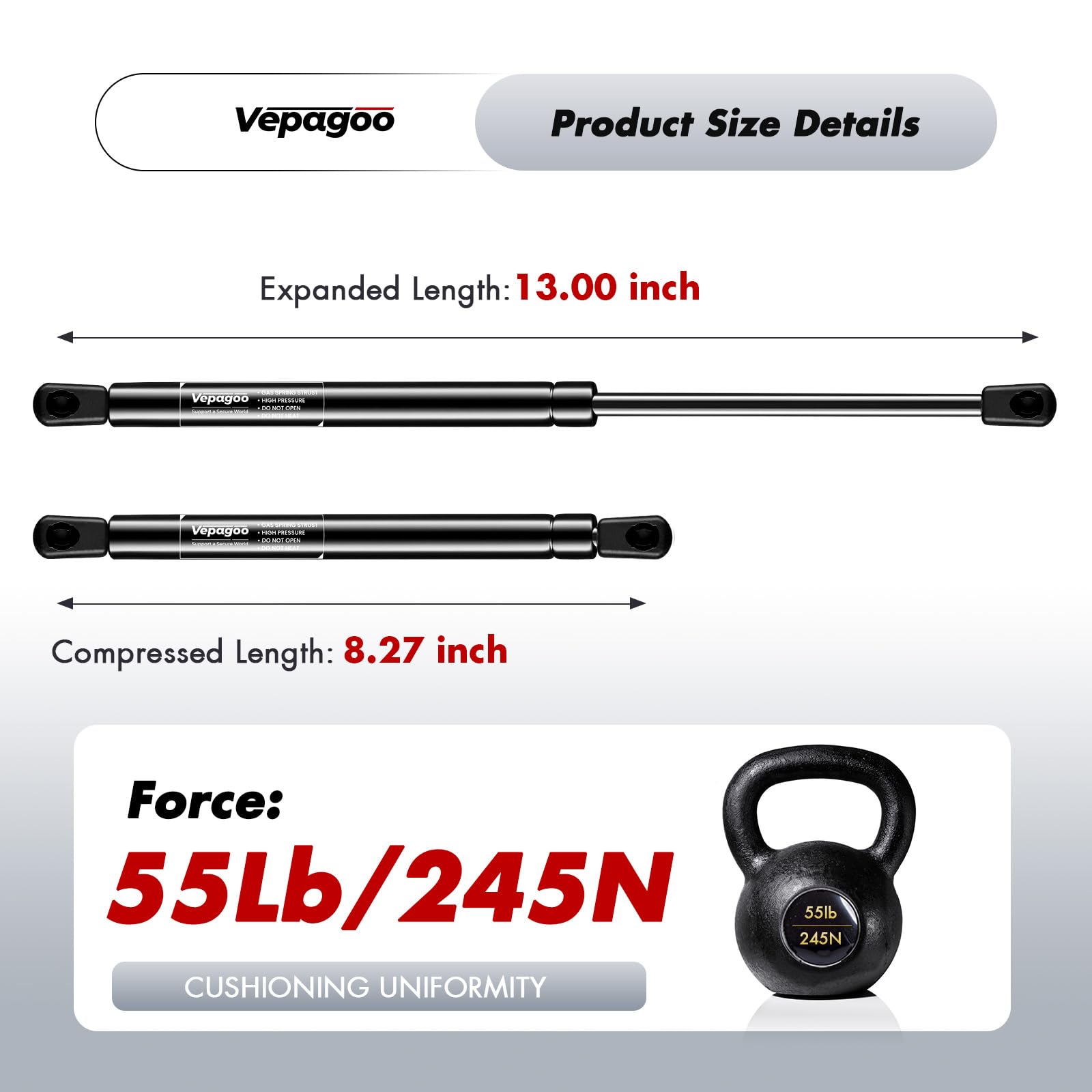 Vepagoo C1615120 C16-15120 13 Inch 55Lb/245N Gas Shock Strut For Snugtop Leer Are Atc Camper Shell Topper Rear Window, Hydraulic