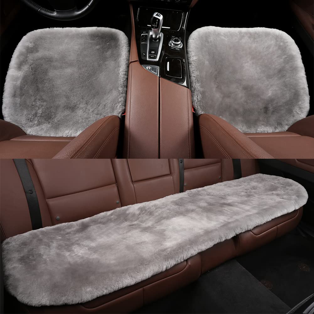 Llb Genuine Sheepskin Car Seat Cushion, Comfort Auto Seat Pad, Warm Real Wool Car Mat With Non-Slip Backing Universal Fit, 19.2 X 19.2 Inches (Grey, 2 Front Seat Cushions & Bench Seat Cushion-3 Pcs)